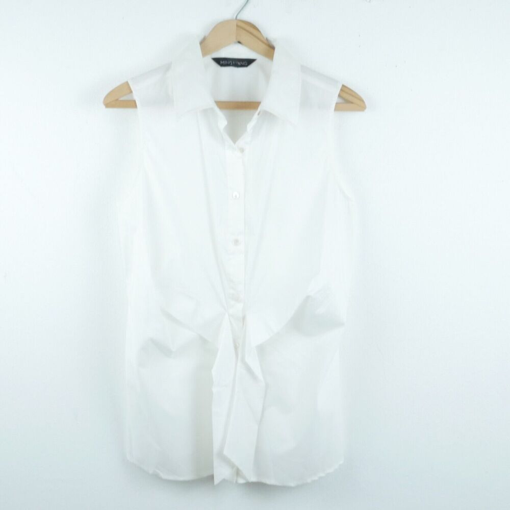Ming Wang XS Blouse Sleeveless Collared Tie Front‎ Button White Cotton Spring